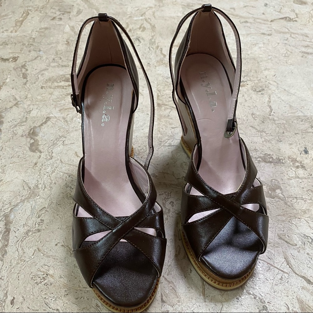 N.Y.L.A Yuki Brown Peep Toe High Wedge Sandal